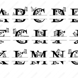 Może przedstawiać: Podzielone litery monogramu od A do O z motywem motyla i kwiat&oacute;w. Każda litera jest podzielona na p&oacute;ł linią w środku. G&oacute;rna połowa litery ma motyw motyla i kwiat&oacute;w. Dolna połowa litery jest gładka.