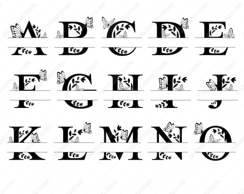 Może przedstawiać: Podzielone litery monogramu od A do O z motywem motyla i kwiat&oacute;w. Każda litera jest podzielona na p&oacute;ł linią w środku. G&oacute;rna połowa litery ma motyw motyla i kwiat&oacute;w. Dolna połowa litery jest gładka.