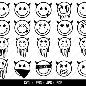 Smiley Face Evil Devil Bundle, Melting Devil Face Bundle, Pliki Svg dla Cricut i Silhouette, Czarny Svg, Groovy Svg, Szczęśliwa Buźka, Emoji Svg