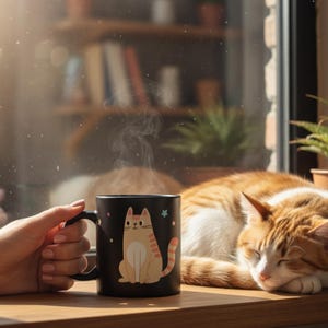 Pode incluir: Uma caneca de cer&acirc;mica preta com uma ilustra&ccedil;&atilde;o de gato e vapor subindo. Um gato laranja e branco dormindo descansa perto da caneca em uma superf&iacute;cie de madeira. Plantas e uma estante s&atilde;o vis&iacute;veis ao fundo.