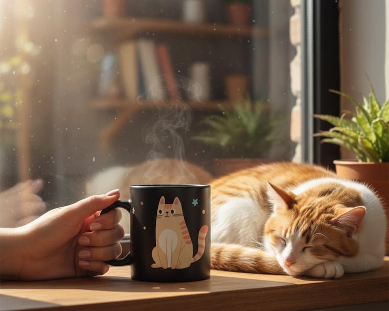 Pode incluir: Uma caneca de cer&acirc;mica preta com uma ilustra&ccedil;&atilde;o de gato e vapor subindo. Um gato laranja e branco dormindo descansa perto da caneca em uma superf&iacute;cie de madeira. Plantas e uma estante s&atilde;o vis&iacute;veis ao fundo.