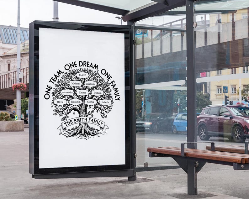Pu&ograve; includere: Disegno di albero genealogico in bianco e nero con il testo "One Team, One Dream, One Family" e "The Smith Family". L'albero ha rami con i nomi dei membri della famiglia, tra cui James, Michael, Charlotte, Alexander, Emma, William, Olivia, Benjamin, Sophia e Isabella.