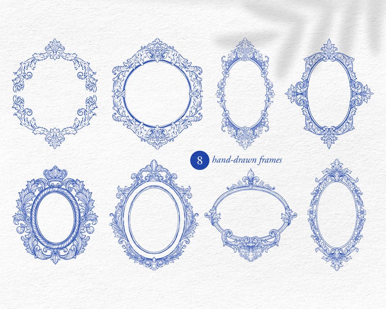 Puede incluir: Ocho marcos azules dibujados a mano con dise&ntilde;os ornamentados. Los marcos tienen formas ovaladas, redondas y hexagonales, con intrincados patrones florales y de volutas. Tambi&eacute;n se incluye el texto "8 hand-drawn frames".