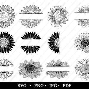 Personalised Sunflower, Split Monogram Sunflower, Sunflower Clip Art, SVG Sunflower Line Art, Organic Sunflower Art, PNG Transparent