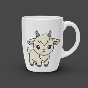 May include: White ceramic mug featuring a cartoon goat illustration. The goat is beige with black outlines, blue horns, and large, expressive eyes. The mug has a curved handle and is set against a dark gray background.