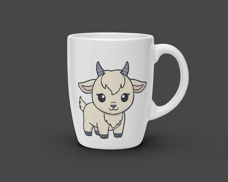 May include: White ceramic mug featuring a cartoon goat illustration. The goat is beige with black outlines, blue horns, and large, expressive eyes. The mug has a curved handle and is set against a dark gray background.