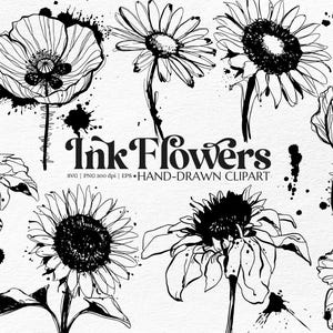 Inktbloem clipart – handgetekende botanische lijntekeningen voor shirts, mokken, muurkunst, stickers, tatoeages, scrapbooking en ambachten