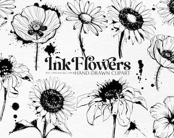 Clipart de arte lineal de flores de tinta: SVG PNG EPS botánico dibujado a mano para manualidades