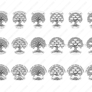 Pu&ograve; includere: Un set di 10 disegni di alberi genealogici in bianco e nero. Ogni disegno presenta un albero stilizzato con rami e foglie. Gli alberi sono circondati da testo che recita "Stronger Together Forever United" e "One Team One Dream One Family".