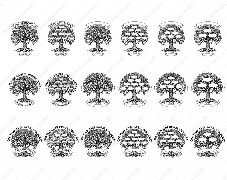 Pu&ograve; includere: Un set di 10 disegni di alberi genealogici in bianco e nero. Ogni disegno presenta un albero stilizzato con rami e foglie. Gli alberi sono circondati da testo che recita "Stronger Together Forever United" e "One Team One Dream One Family".