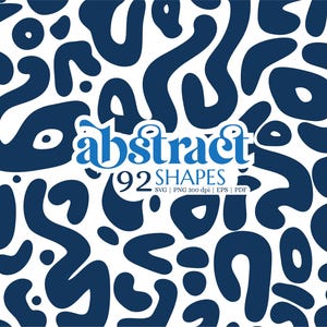 Könnte beinhalten: Ein abstraktes Design mit marineblauen, organischen Formen auf weißem Hintergrund. Das Wort "abstract" ist in einer stilisierten blauen Schrift dargestellt, zusammen mit dem Text "92 SHAPES" und Dateityp-Informationen.