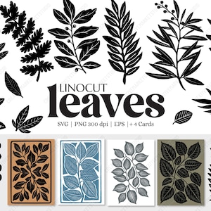 Lot de feuilles de linogravure SVG, créations botaniques en papier, impression d'art, carte postale de feuille d'encre noire et impression d'art au trait abstrait