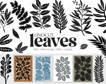 Abstraktes Linolschnitt-Blatt SVG PNG - Digitales PNG-Paket für Dekor und Basteln