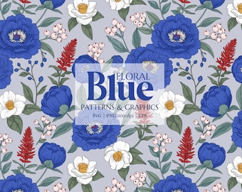 Blue Floral Patterns & Graphics – Seamless Botanical Design SVG PNG EPS for Crafts