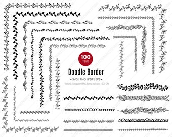 May include: A set of 100 black and white doodle border designs. The borders are made up of various floral and geometric patterns. The text "100 ITEMS" and "Doodle Border" is included in the image.