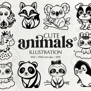 Kawaii dieren SVG-clipartbundel - schattige schattige dierenontwerpen voor knutselen, stickers, scrapbooking, kaarten, logo en kleurplaten