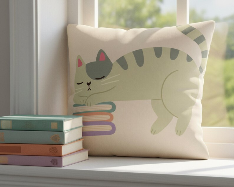 Pode incluir: Uma almofada decorativa com uma ilustra&ccedil;&atilde;o de um gato a dormir em tons de verde, cinza e rosa. O gato est&aacute; deitado numa pilha de livros com lombadas coloridas. A almofada est&aacute; colocada numa janela branca, ao lado de uma pilha de livros.