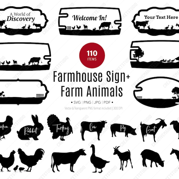 Farmhouse Sign SVG, Farm Animals Clipart Wall Art Door Hanger, Farmyard Doodle Bundle, Horse Silhouette, Cut files Cricut, Farm Life