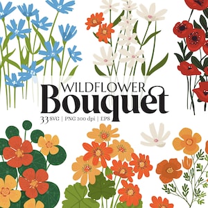 Clipart bouquet de fleurs sauvages, faire-part de mariage, cartes PNG SVG, illustrations florales dessinées à la main, papeterie artisanale, scrapbooking botanique