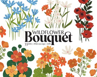 May include: A digital illustration of a bouquet of wildflowers in various colors, including blue, white, red, orange, and yellow. The text "Wildflower Bouquet" is written in black letters on a white background. The text "33 SVG | PNG 300 dpi | EPS" is written in black letters on a white background.