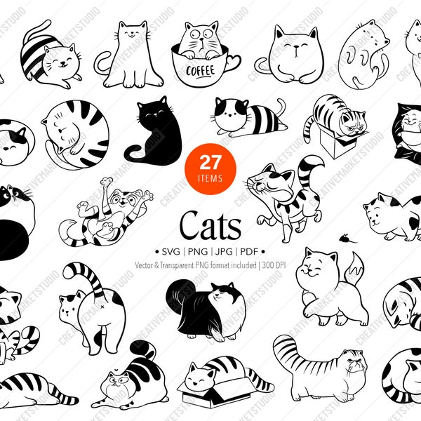 Cat Clipart Drawings Bundle SVG, Cute Kitty cat animal clipart set, Kawaii kittens icons, printable stickers, Playful Cats in Boxes