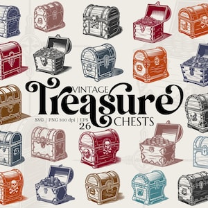 Vintage Treasure Chests SVG Clipart, Pirate Gold Chest, Retro Treasure Box Ilustração para logotipo, tatuagem, scrapbooking, camisetas, gravura