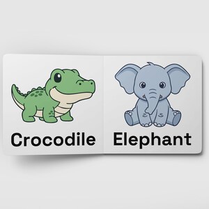 May include: A children's book spread featuring a green cartoon crocodile and a gray cartoon elephant. The word "Crocodile" is below the crocodile illustration, and "Elephant" is below the elephant illustration. The book is white.