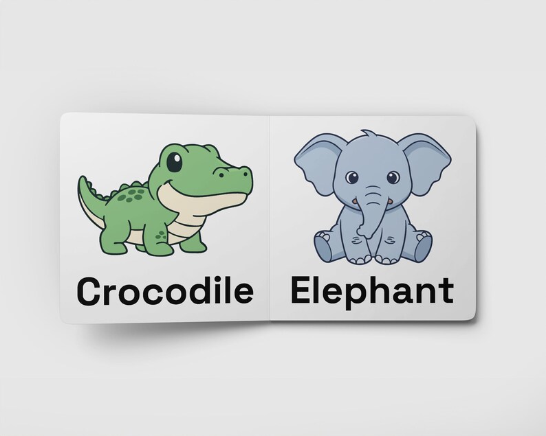 May include: A children's book spread featuring a green cartoon crocodile and a gray cartoon elephant. The word "Crocodile" is below the crocodile illustration, and "Elephant" is below the elephant illustration. The book is white.