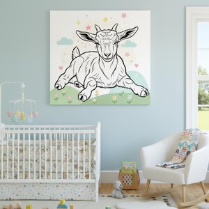 May include: Black and white illustration of a goat lying down on a green grassy area with flowers. The artwork features a light background with clouds, stars, and hearts. The goat has large ears and is facing forward.