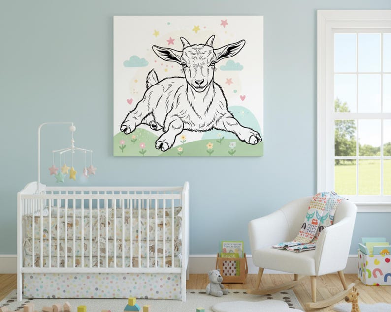 May include: Black and white illustration of a goat lying down on a green grassy area with flowers. The artwork features a light background with clouds, stars, and hearts. The goat has large ears and is facing forward.