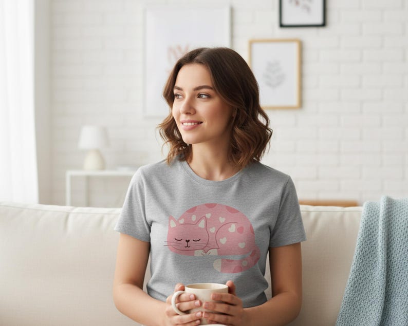 Pode incluir: Uma camiseta cinza com um desenho de gato rosa com detalhes de cora&ccedil;&otilde;es brancos. O gato est&aacute; enrolado e dormindo. A camiseta &eacute; de manga curta e feita de um material macio.