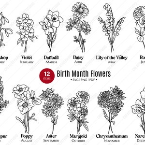 Geburtsmonat Blumenstrauß-Bundle, botanische Clipart, Blumen zwarb, Blumengeschenk, botanische Blumen, Tattoo-Kunst, Wildblumenstrauß