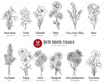 May include: Black and white line art illustrations of 12 different flowers, each representing a different month of the year. The flowers are labeled with their names and the corresponding month. The text "Birth Month Flowers" is displayed above the flowers.