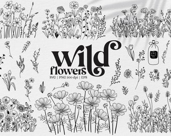 Wildblumenwiese SVG - Handgezeichneter Blumenstrauß PNG EPS für Kunsthandwerk und Becher
