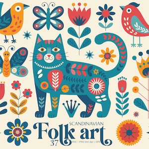 Art folklorique Clipart SVG PNG - Boho animaux, fleurs pour Cricut, sublimation, autocollants, scrapbooking scandinave, travaux manuels, décoration d'intérieur et art mural