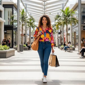 May include: A person walking in a shopping center, wearing a colorful floral print blouse, blue jeans, and white sneakers. They carry a brown leather tote bag and shopping bags. The background features palm trees and shops.