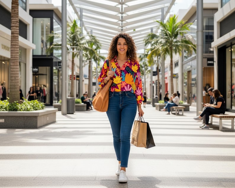 May include: A person walking in a shopping center, wearing a colorful floral print blouse, blue jeans, and white sneakers. They carry a brown leather tote bag and shopping bags. The background features palm trees and shops.