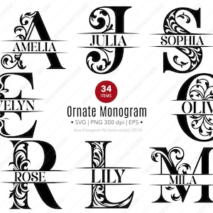 May include: A set of 34 black and white ornate monogram letters with floral designs. Each letter has a space for a name to be added below the letter. The names Amelia, Julia, Sophia, Evelyn, Olive, Rose, Lily, and Mila are shown in the image.