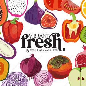 Clipart d'aliments frais SVG Fruits, légumes, illustrations de jardin pour cartes de recettes, travaux manuels pour enfants, impression colorée, conception de fruits exotiques