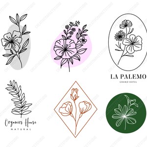 May include: Set of six floral logo designs featuring various flower and leaf illustrations. The logos are in black and white with a few color accents. The text "Organics House Natural" and "La Palermo Grand Hotel" are included in the designs.