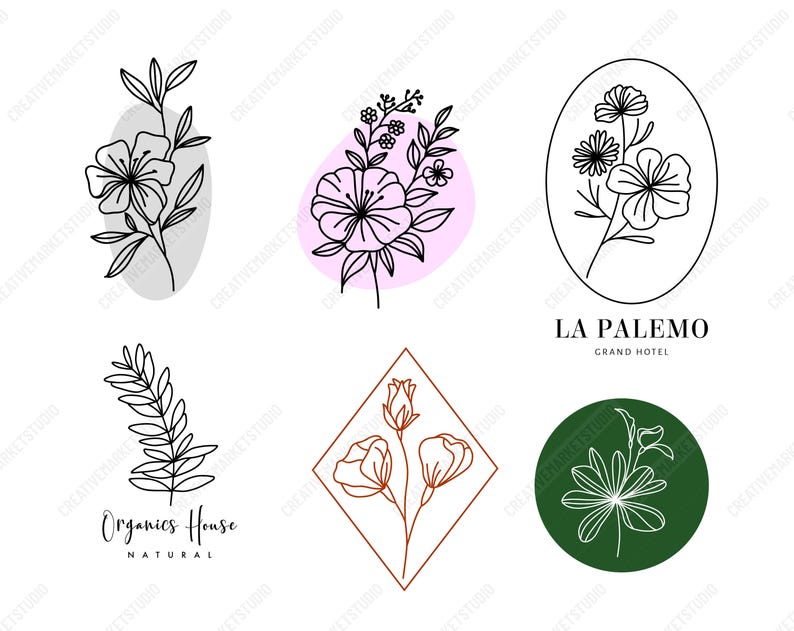 May include: Set of six floral logo designs featuring various flower and leaf illustrations. The logos are in black and white with a few color accents. The text "Organics House Natural" and "La Palermo Grand Hotel" are included in the designs.