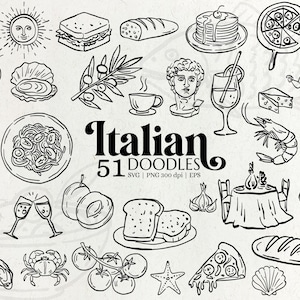 Könnte beinhalten: Schwarz-Weiß-Illustration mit italienischen Speisen und Symbolen. Enthält Pizza, Pasta, Brot, Wein, Meeresfrüchte und den Text "Italian 51 Doodles". Ideal für kulinarische oder Reise-Designs.