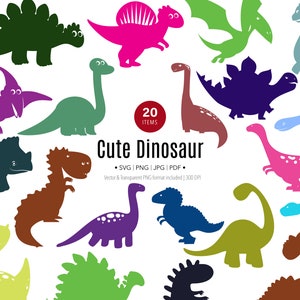 Dinosaur SVG Bundle, Cute Clipart Silhouettes, Kids Friendly T-Rex and Dino Cut Files, Cartoon PNG for Crafts
