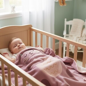 Pode incluir: Um beb&ecirc; dormindo em um ber&ccedil;o de madeira, coberto com um cobertor rosa com um desenho de coruja. O ber&ccedil;o est&aacute; em um quarto bem iluminado com uma cadeira branca e uma janela ao fundo. O cobertor tem uma parte inferior bege clara.