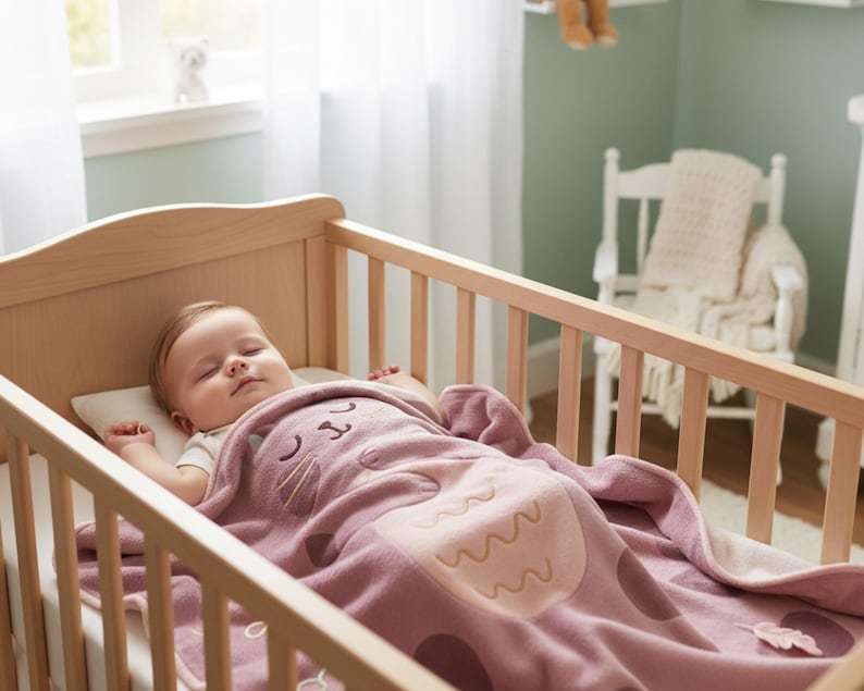 Pode incluir: Um beb&ecirc; dormindo em um ber&ccedil;o de madeira, coberto com um cobertor rosa com um desenho de coruja. O ber&ccedil;o est&aacute; em um quarto bem iluminado com uma cadeira branca e uma janela ao fundo. O cobertor tem uma parte inferior bege clara.