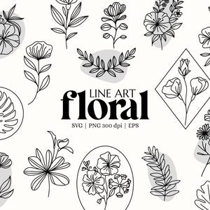 Pacote de SVG de arte de linha floral, clipart botânico, flores de casamento, plantas vetoriais de rabiscos desenhados à mão, buquês de flores, logotipo de marca e artesanato