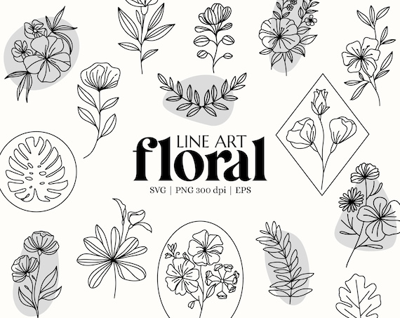 Line Art Floral SVG Bundle – Hand-Drawn Botanical Clipart PNG for Weddings and Crafts