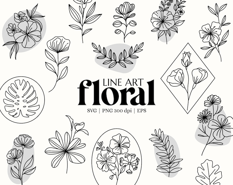 May include: A set of 11 black and white line art floral illustrations. The illustrations include various flowers, leaves, and branches. The text "LINE ART floral" is in the center of the image. The text "SVG | PNG 300 dpi | EPS" is below the text "LINE ART floral".