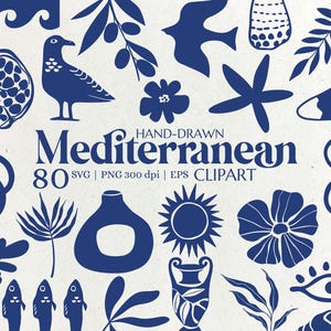 Pacote de clipart mediterrâneo - SVG e PNG desenhados à mão para scrapbooking, embalagens, convites, artesanato, têxteis, casamento e arte de parede