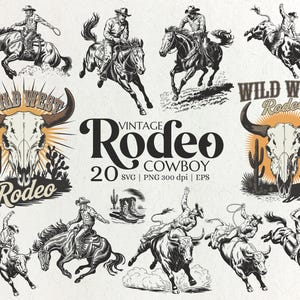 Vintage Rodeo Cowboy SVG Clipart Bundle für Shirts, Tassen, Poster, Aufkleber, Sublimation & Western Decor Crafts, Schilder
